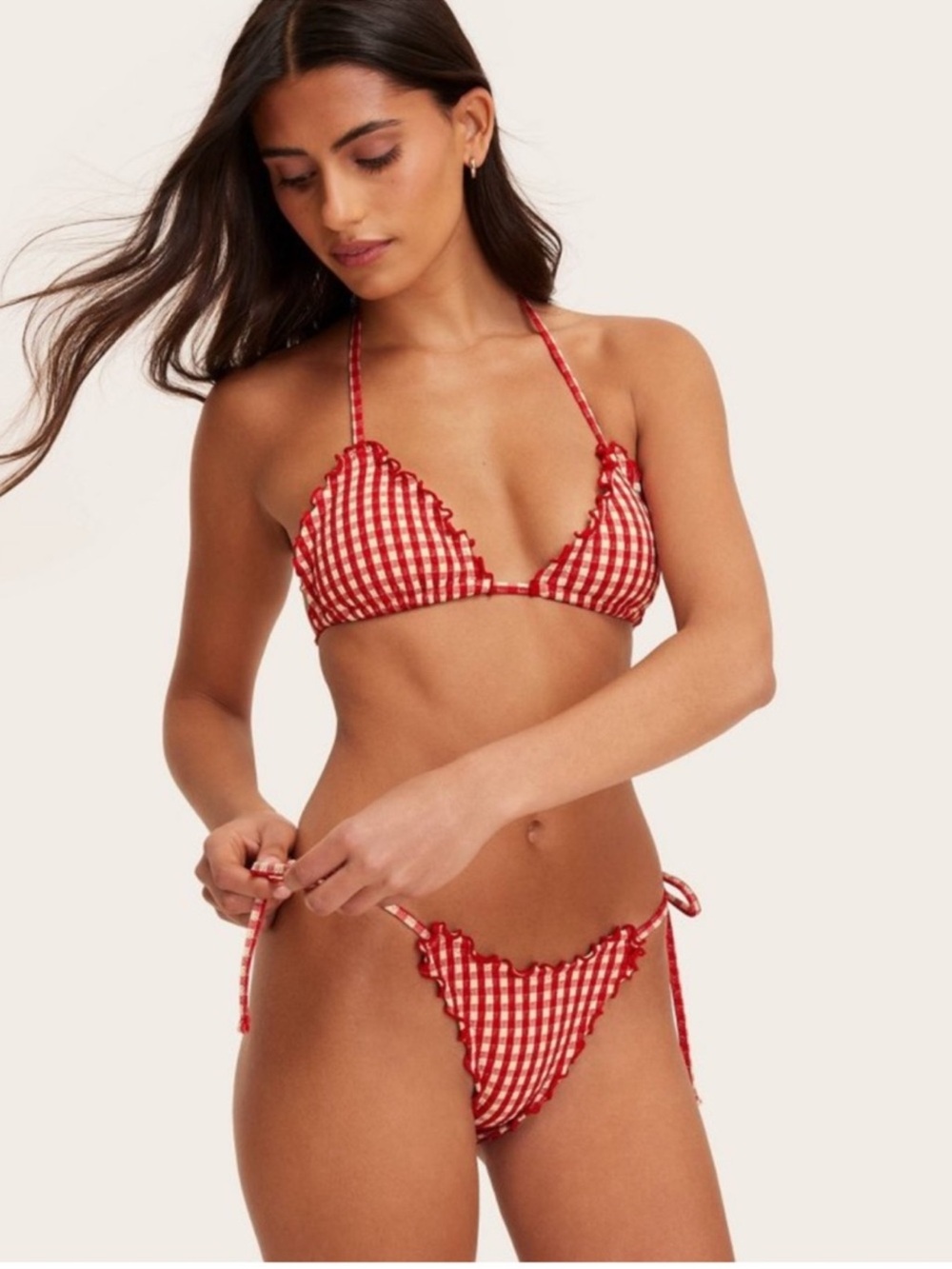 Red Gingham Ruffle Triangle Bikini Top - Picture 2 of 4